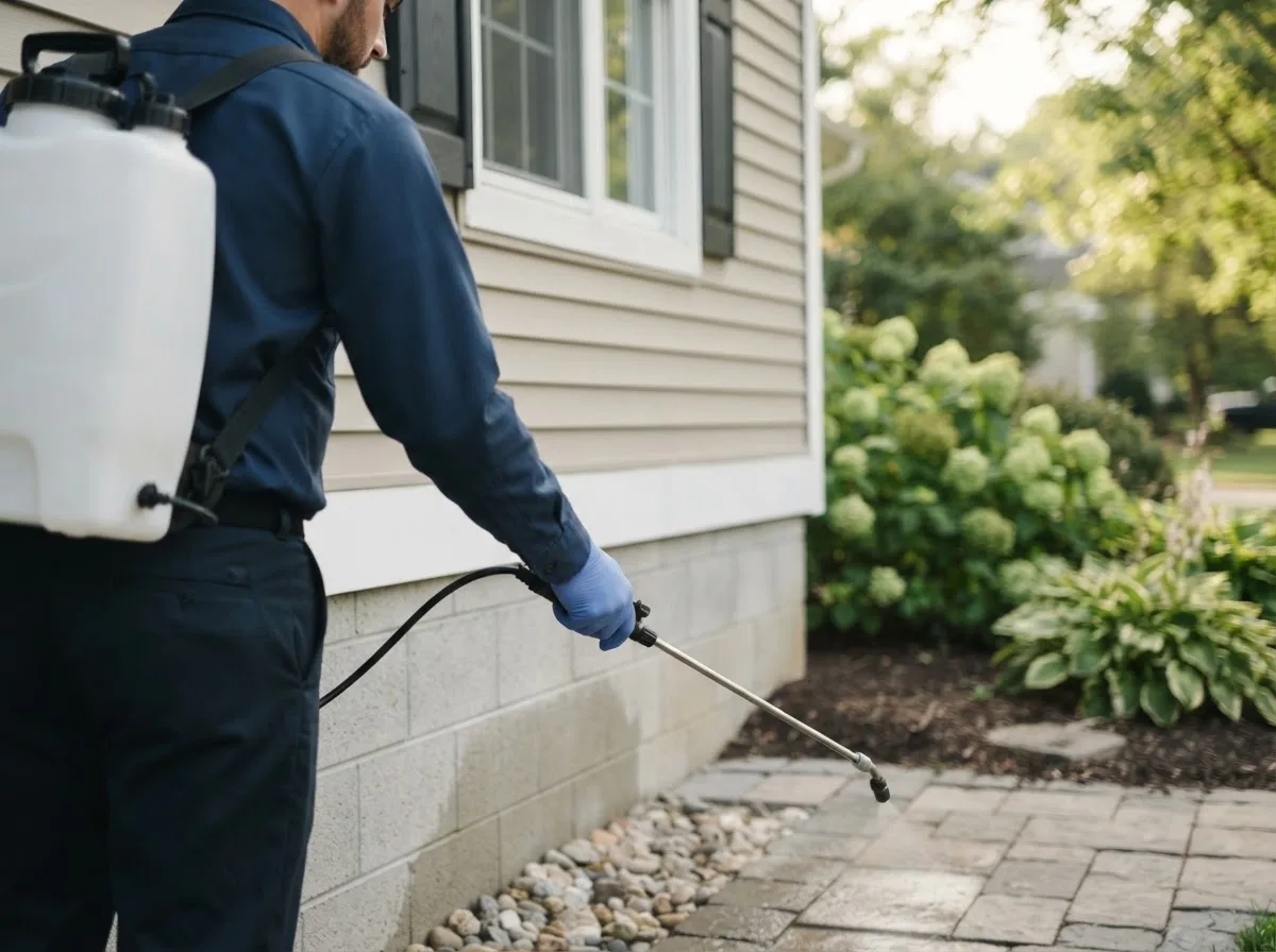 Pest control technician inspecting a home in Friendsville, TN